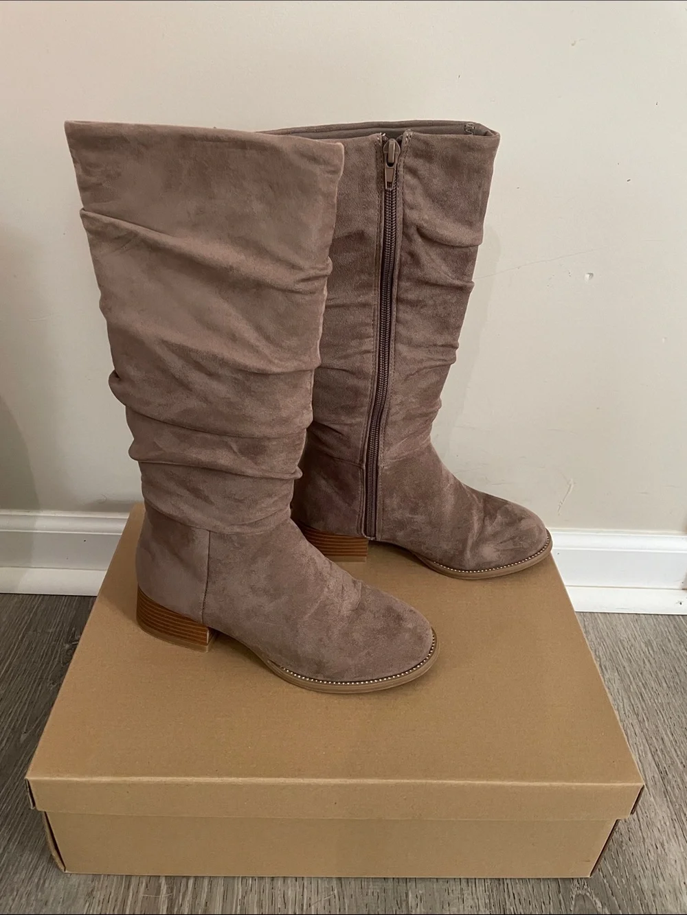 Steve Madden Taupe Suede Ruched Mid-Calf Boots